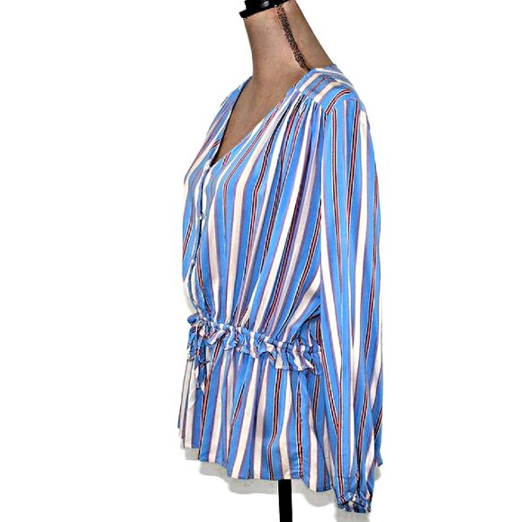 NEW Blue Coral Striped Button Down Drawstring Ruffle Waist Top Blouse Boho $44 - Picture 5 of 8
